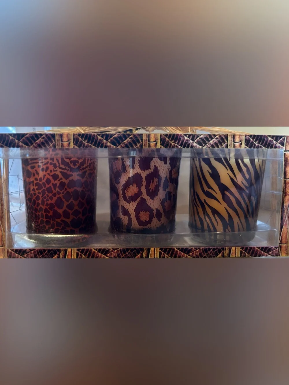Animal-Print Glass Votive Candle Holders - Set of 3 - Brown & Tan